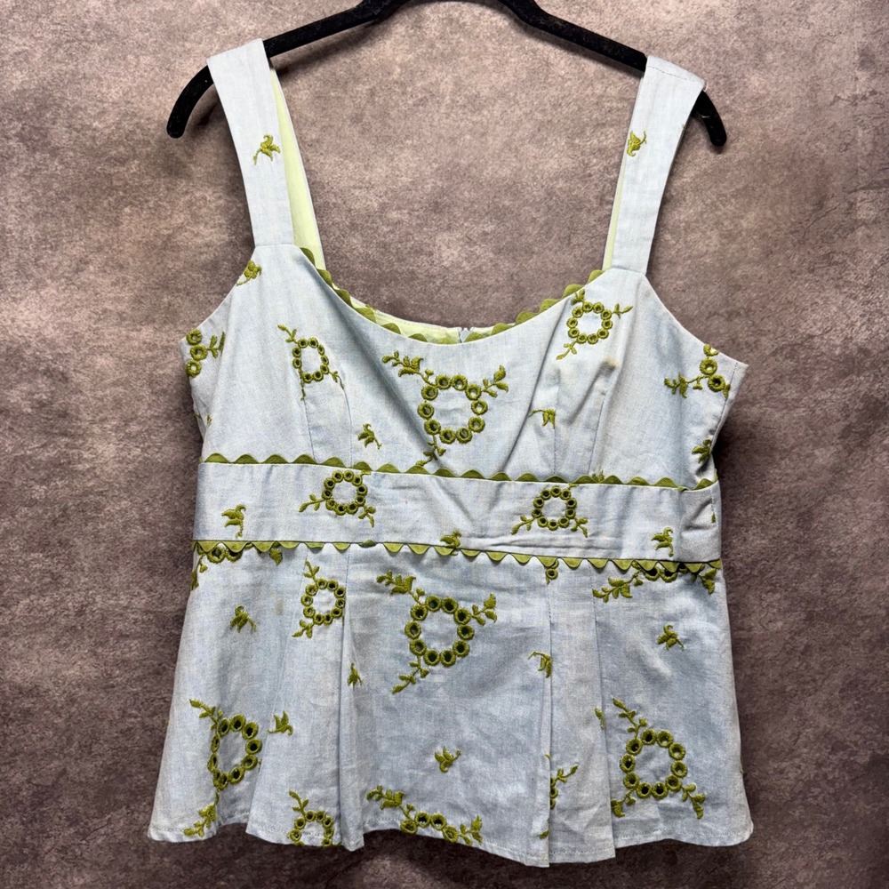 Y2K Nanette Lepore Fairy Embroidered Peplum Babydoll Tank Top Size 10 Blue Green